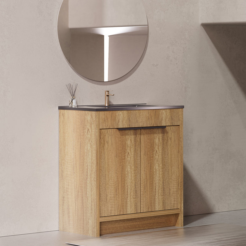 30" Freestanding Single Bathroom Vanity Set With Bold Black Ceramic Integrated Sink And Soft-Close Storage In Natural Oak