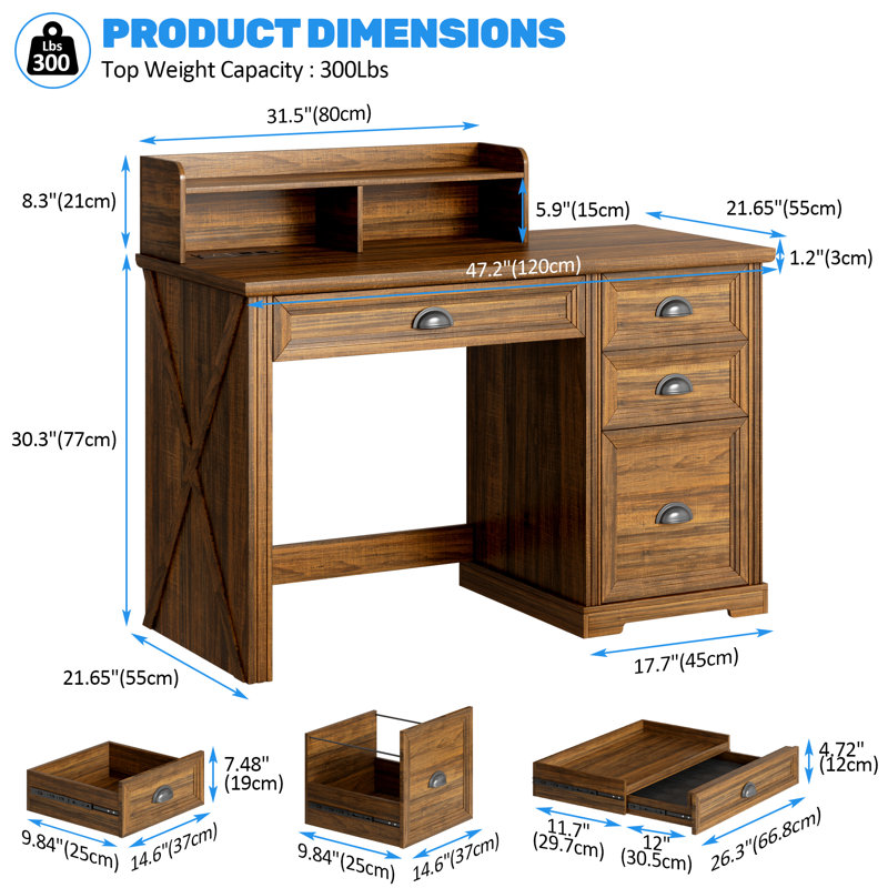 Bureau à domicile avec tiroirs et ports USB, table d'ordinateur d'écriture rustique avec lumière DEL, Brun