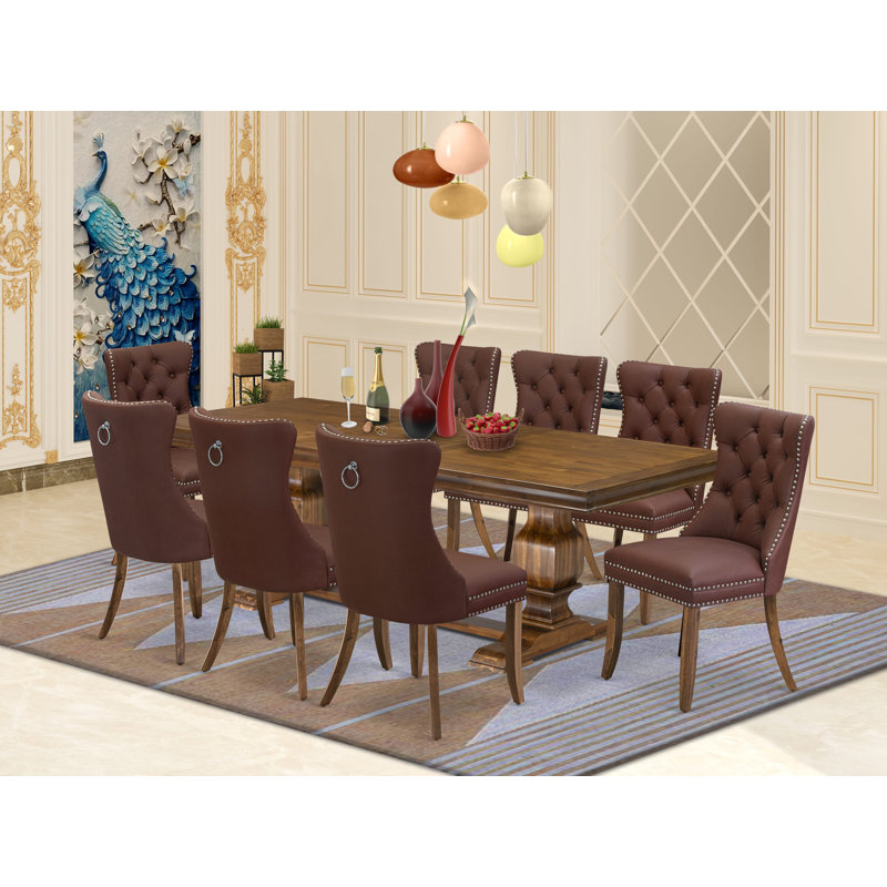 Antique Walnut Rectangular Dining Table Set with Willow Green Button-Tufted Chairs