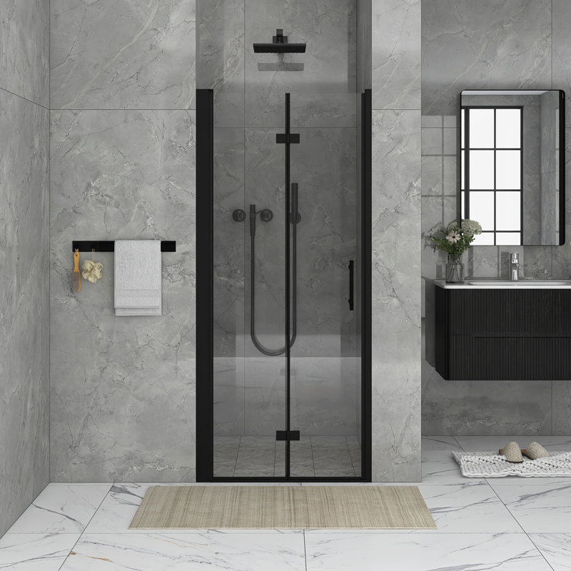 34 In. W X 72 In. Bifold Semi-Frameless Shower Door In Matte Black Finish