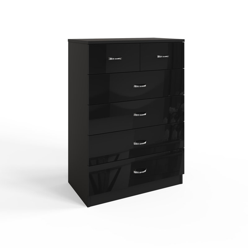 Brendle 6 Drawer Chest Of Drawers: 70cm Wide - High Gloss Front with Chrome Handles, Scratch Resistant., Black