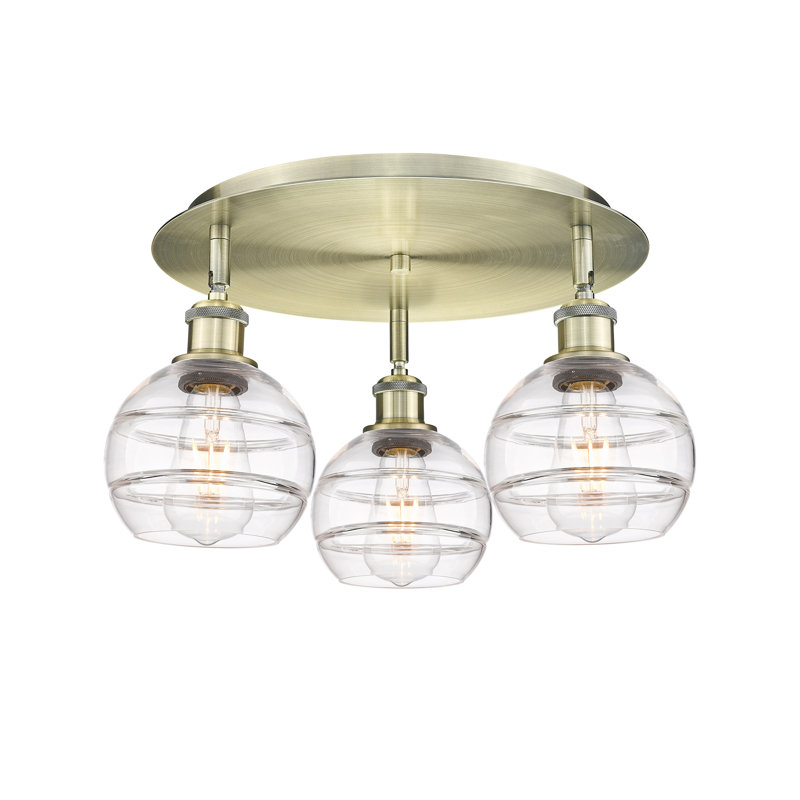 Plafonnier semi-encastré Glassoff, Laiton antique, Transparent, H 8,88 po x l 17,63 po x P 17,63 po
