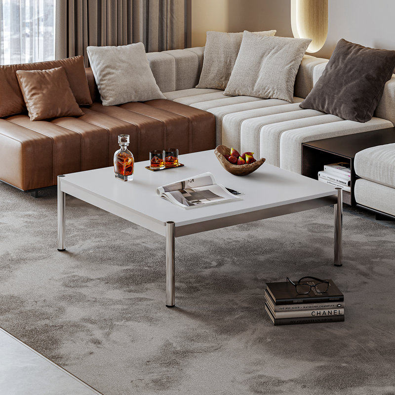 Brothir 39.4'' Wood Top Coffee Table with Stainless Steel Base, Simple Modern Square Coffee Table for Livingroom, White