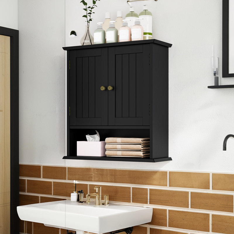 Bathroom Wall Storage Cabinet with Door and Open Shelves, Medicine Cabinet Organizer with Towel Bar, Small, Black