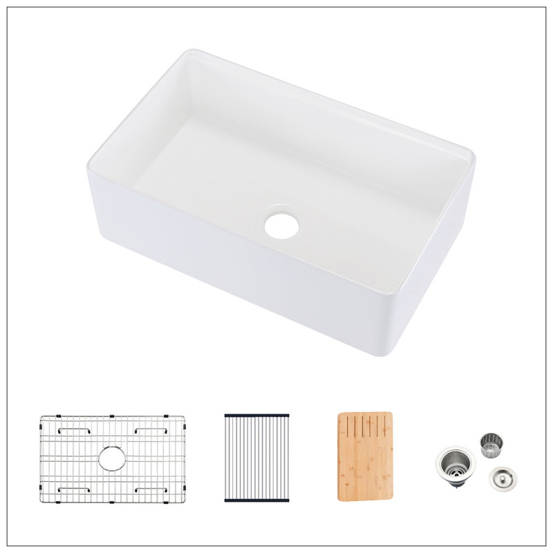 White Gloss Fireclay 33" Single Bowl Farmhouse Kitchen Sink