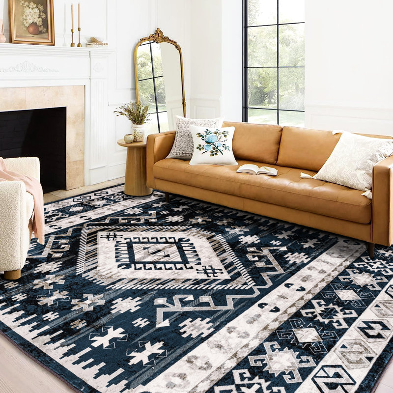 Tapis lavable 6X9 pour salon, chambre à coucher, cuisine - géométrique rétro bleu / noir antidérapant