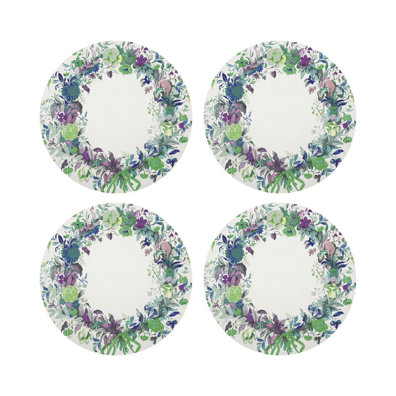 Wreath Flowers Blue Vegan Leather Round Coasters, Blue