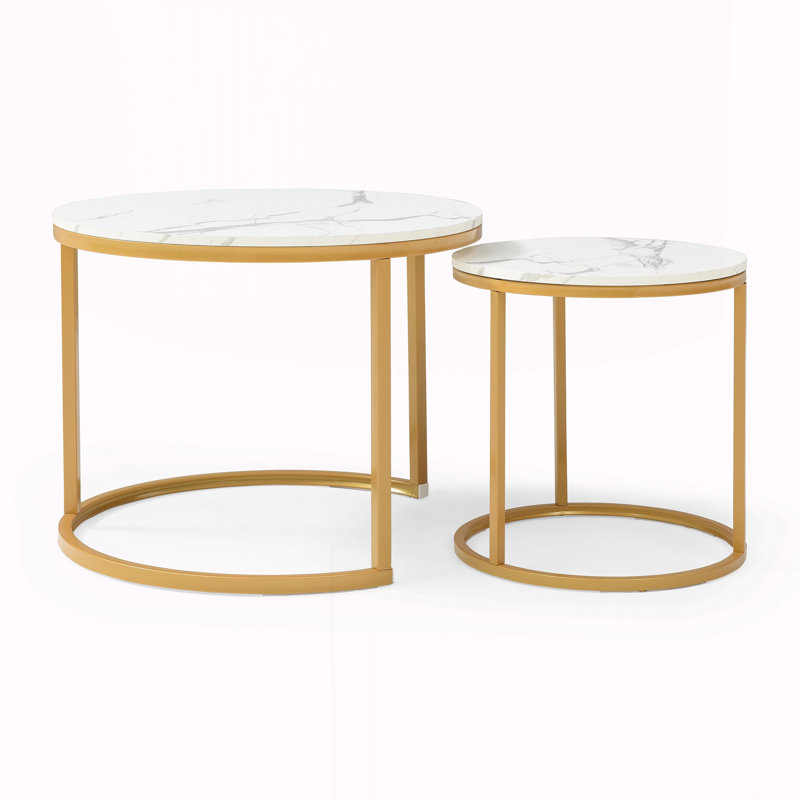 Ensemble de 2 tables basses gigognes, Blanc, Doré, Marbre