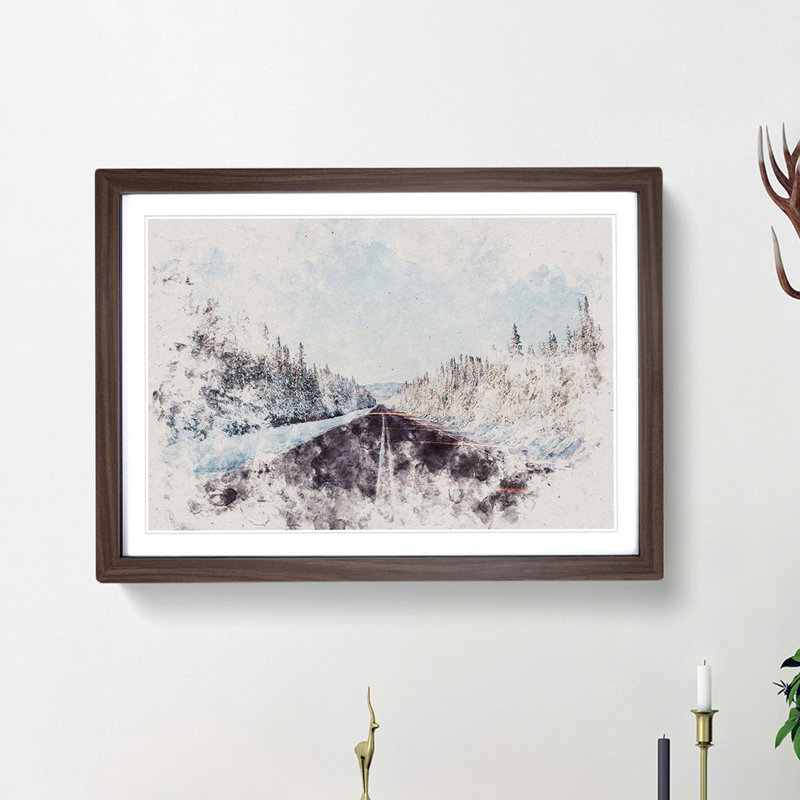 Road Through a Forest in Canada Watercolour - Picture Frame Graphic Art Print, Walnut Framed, 40cm H x 60cm W x 2cm D