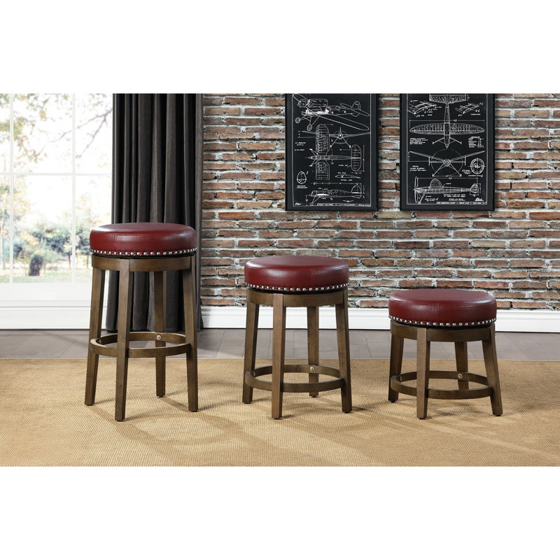 2 tabourets pivotants pour salle à manger, similicuir rouge, structure en bois massif avec finition brune de 2 tabourets de bar, revêtus de cuir, garnis de têtes de clous, encadrés
