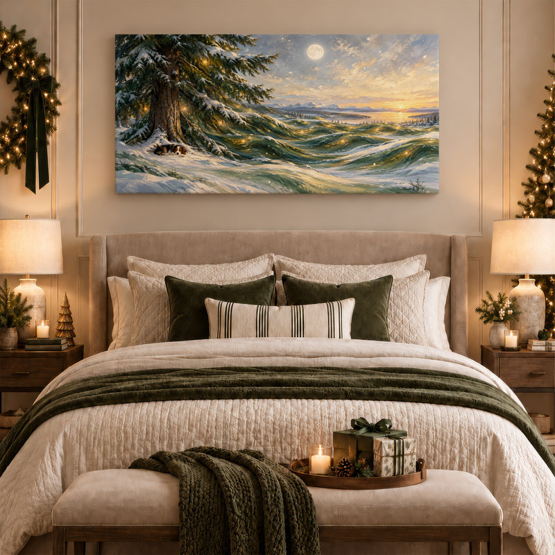 Arbre enneigé pin vert avec chien endormi, art de Noël vert au clair de lune, 32"W x 16"H
