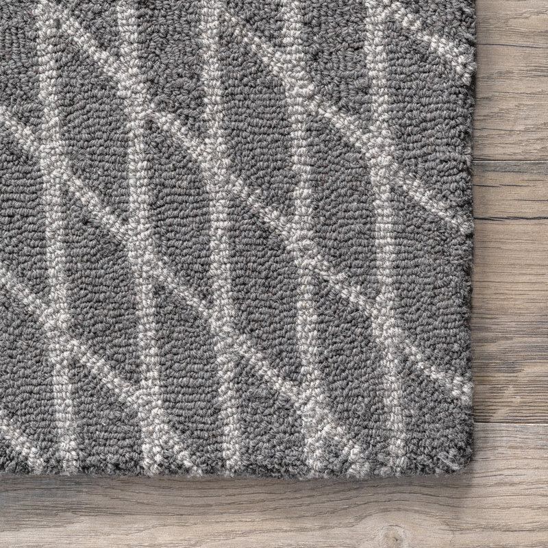 Tapis gris en laine tissé à la main à motif géométrique, Rectangle 5 pi x 8 pi