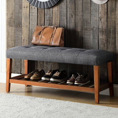 Banc en chêne et en tissu gris avec rangement ouvert, siège à dossier plein, revêtement, pieds fuselés en bois, 8 pouces, 40 pouces de long, rembourrés X 16