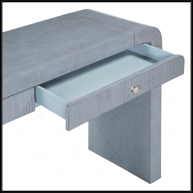 Rustic Console Table With Fluted Drawer, Curved Corners, And Thick Legs For Hallway And Living Room Decor (Dark Navy)
