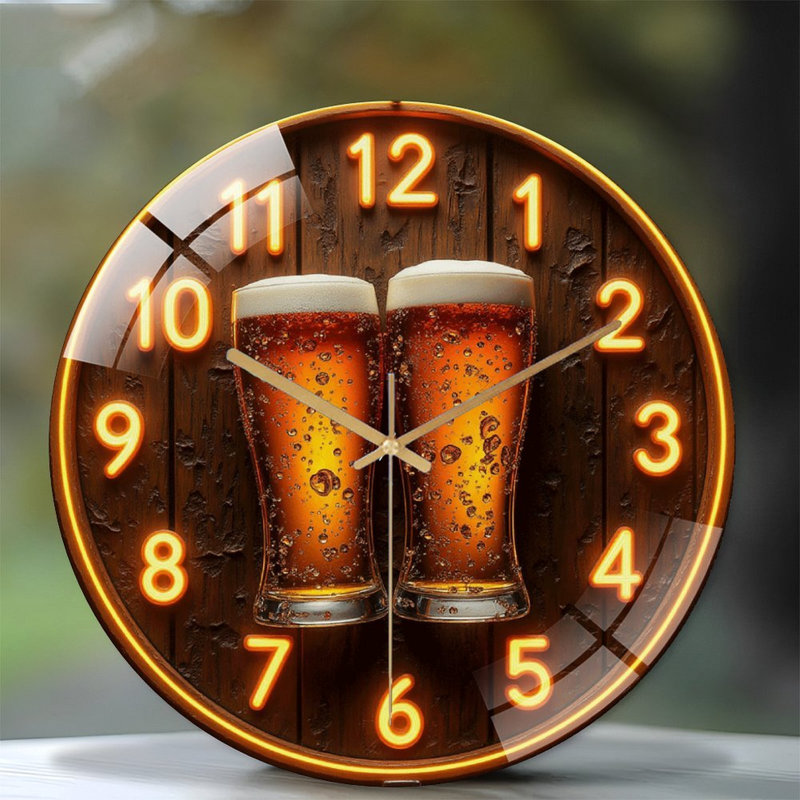 LED Neon Clock with Beer Glasses And Bubbles Art - 12'' Modern Glass Wall Clock