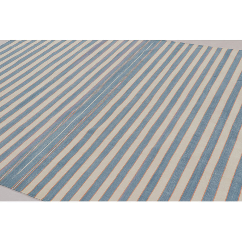 Rug & Kilim’S Indian Dhurrie Rug In Slate Blue And Ivory Stripes