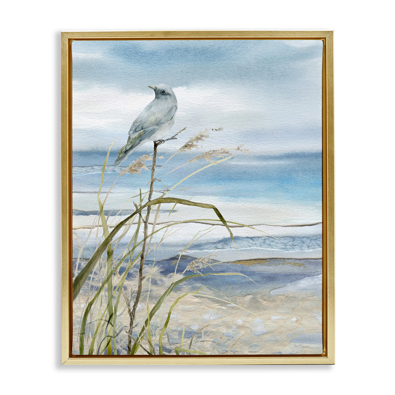 Oiseau sur la plage, H 21 po x l 17 po, Cadre flottant métallique doré