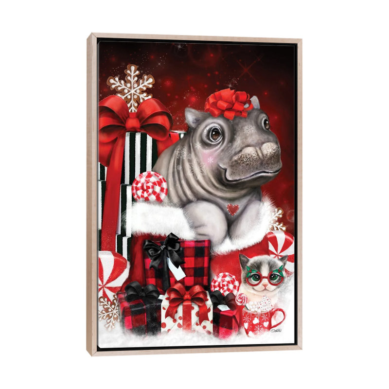 «Cute Hippo Christmas Surprise», reproduction d'art sur toile tendue, H 40 po x l 26 po, Beige