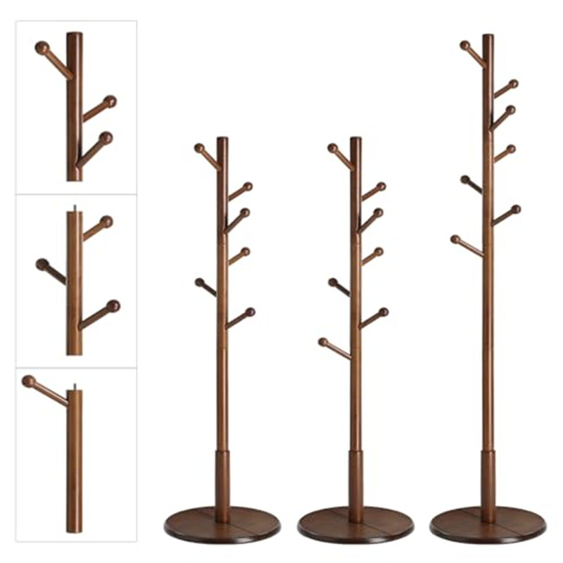 7-Hook Coat Rack Stand, Adjustable Height (3 Levels) For Entryway, Holds Coats, Hats, Bags & Purses, Freestanding Hall Tree Organizer（Dark Walnut）