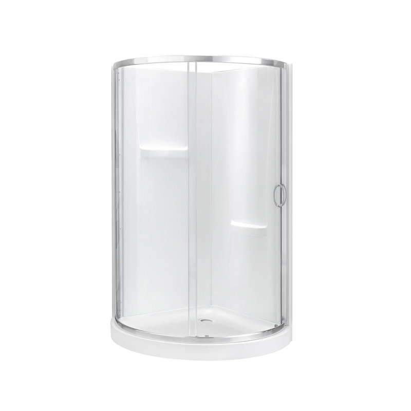 Ensemble de douche d'angle arrondi Breeze 84 cm L x 84 cm l x 196 cm H, fini nickel satiné, porte coulissante transparente, parois et receveur