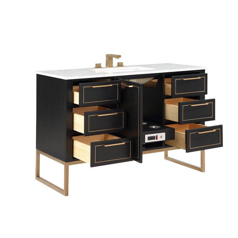 Markham 48'' W Single Vanity, Carara Marble, Midnight Black, Satin Brass