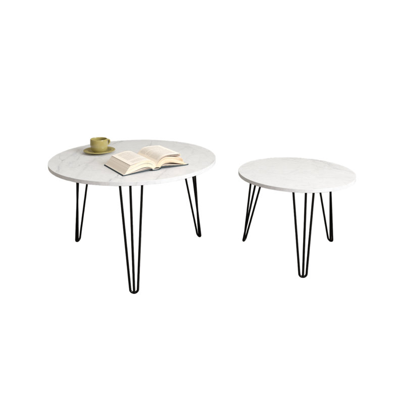 Set Of 2 Nesting Coffee Tables With Marble Top, White