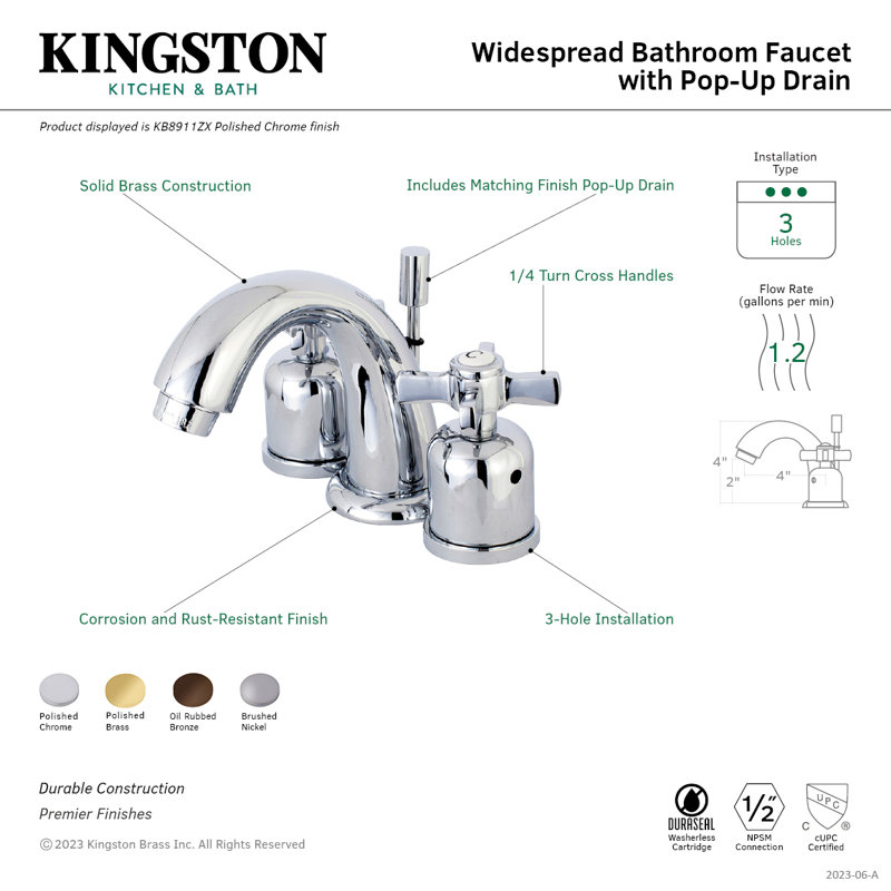 Robinet de salle de bain espacé Kingston, Chrome poli