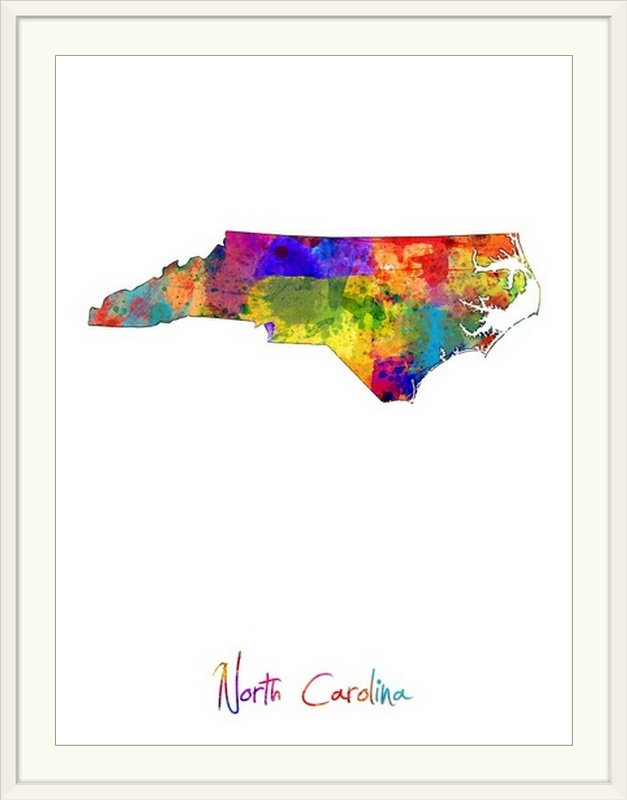 Francy «North Carolina Map» par Abarca, impression, Cadre blanc, H 24 po x l 20 po x P 1 po