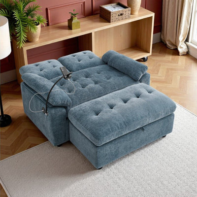 2-Seater Manual Recline Sofa with Adjustable Backrest, USB Charging, Phone Stand & Storage Ottoman