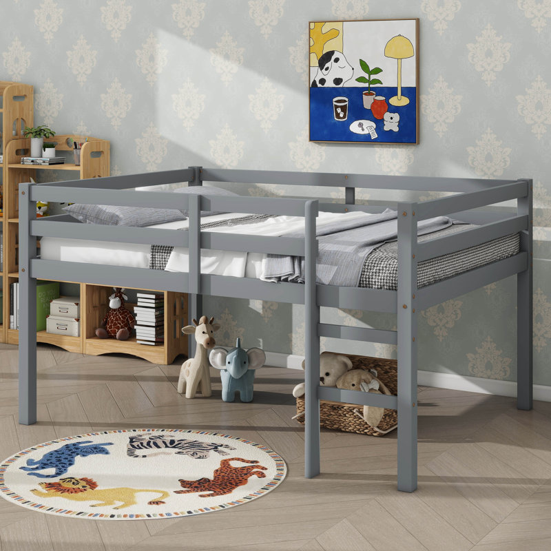 Lit mezzanine double avec échelle et garde-corps, cadre de lit bas avec espace de rangement, cadre de lit mezzanine en bois d'hévéa pour enfants adolescents