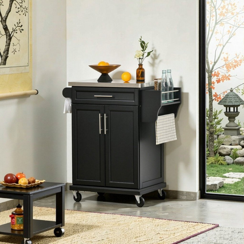 Îlot de cuisine noir sur roulettes avec comptoir en acier inoxydable, tiroir de rangement, porte-serviettes et porte-épices, chariot utilitaire mobile