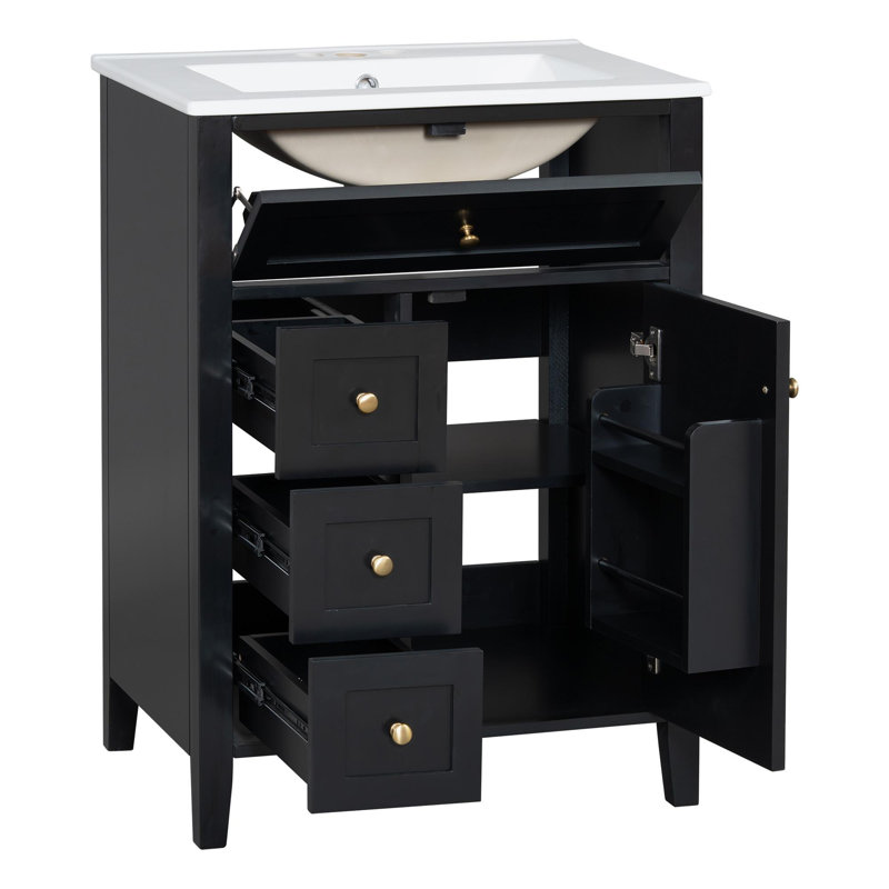 Meuble-lavabo autoportant de 24 po avec lavabo en céramique, Noir et or