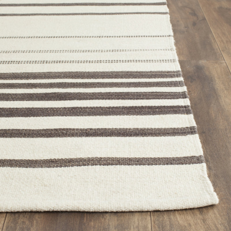Kilim Hand Woven Flat Weave Wool/Cotton Striped Rug in Ivory/Brown, Rectangle 4' x 6'