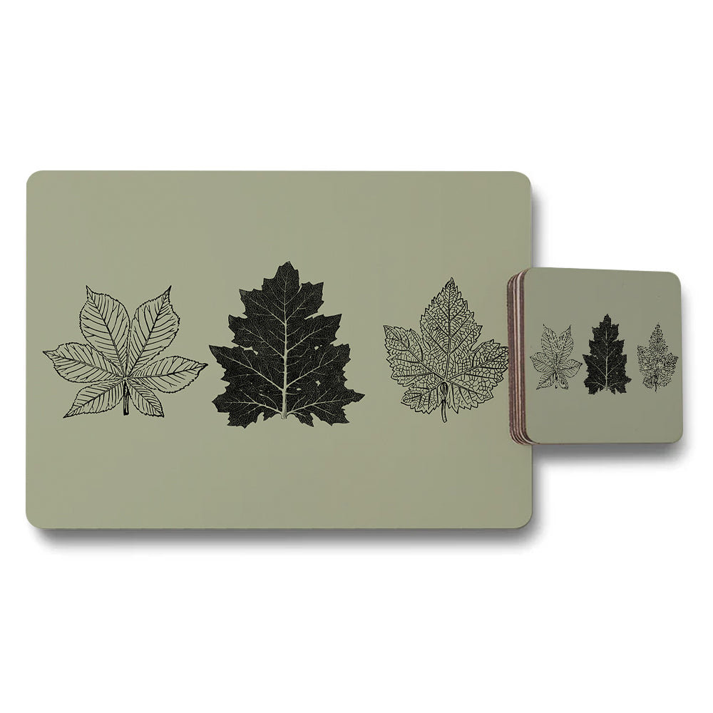 Leaf Pattern Placemat And Coaster Set With Four Leaf Designs