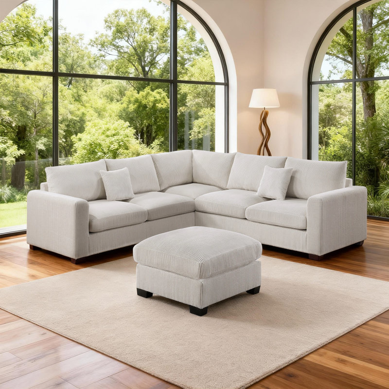 L-Shaped 4-Piece Modular Sectional With Cocktail Ottoman & Corduroy Upholstery, Ivory