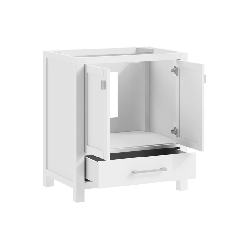 Meuble-lavabo simple 30 po avec plateau Souther, Marbre blanc de Carrare, Blanc, Nickel brossé