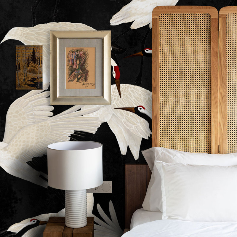 Black Herons Chinoiserie Wallpaper White