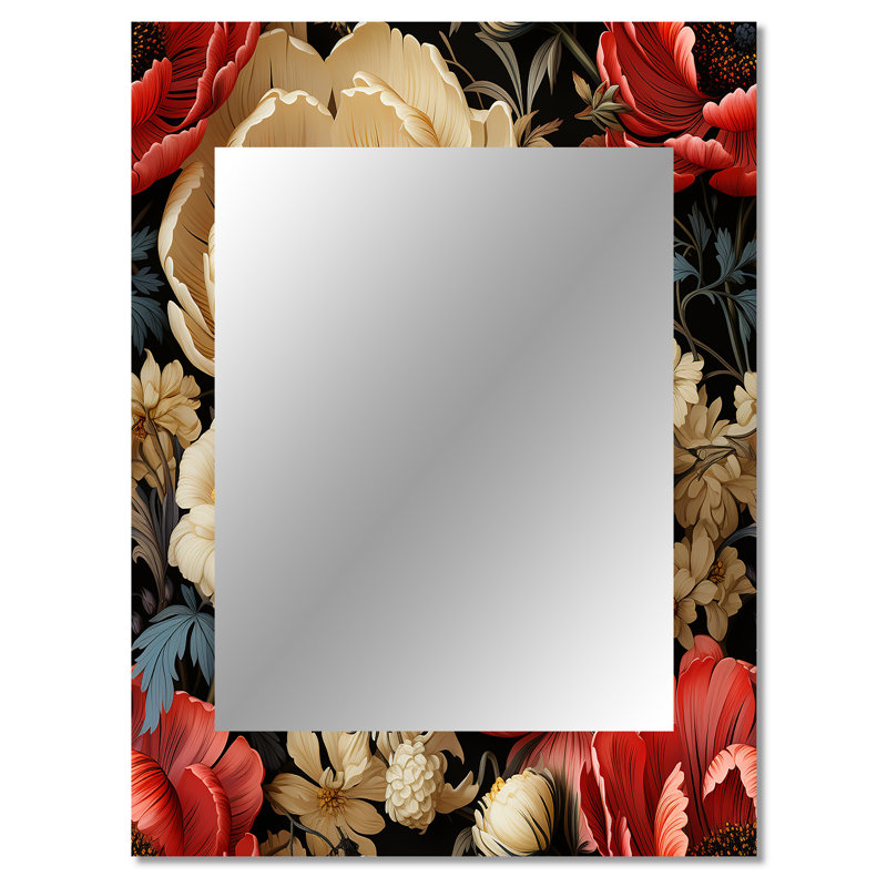 Rouge et beige élégant champ de coquelicots - miroir décoratif floral, grand miroir mural floral, impression d'art en métal