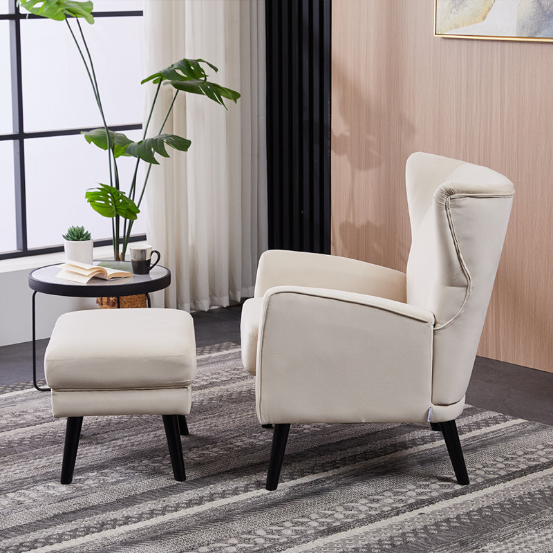 Upholstered Wingback Chair with Footstool, Beige Velvet