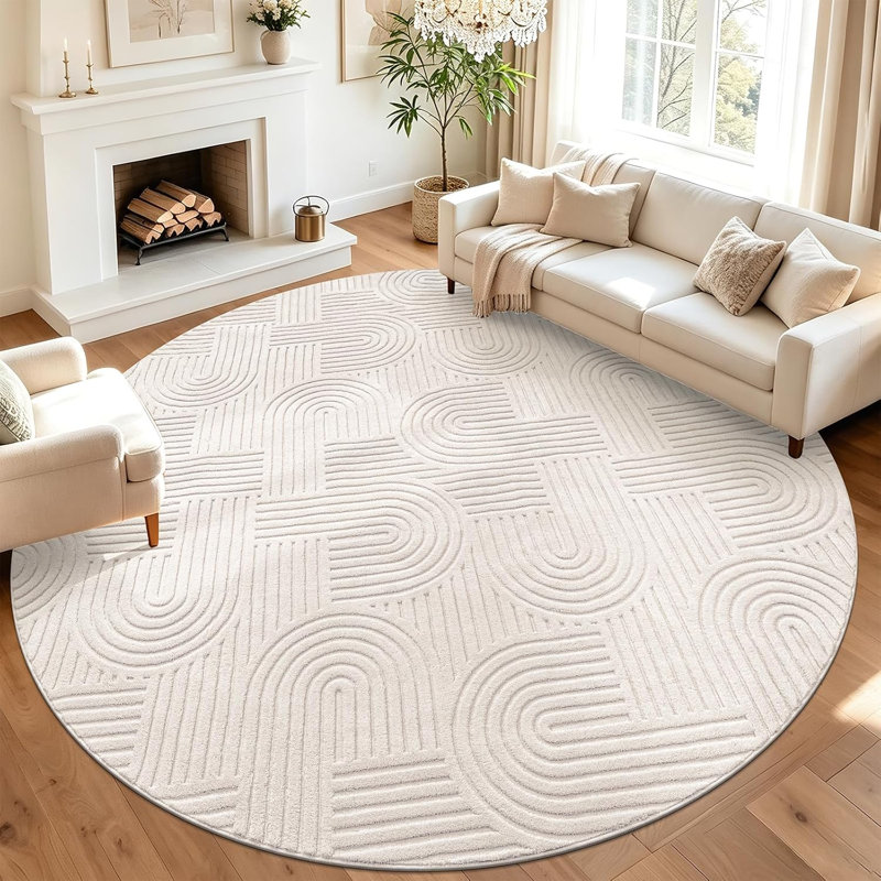 Tapis à poils longs doux et moelleux, Beige, Rond 8 pi
