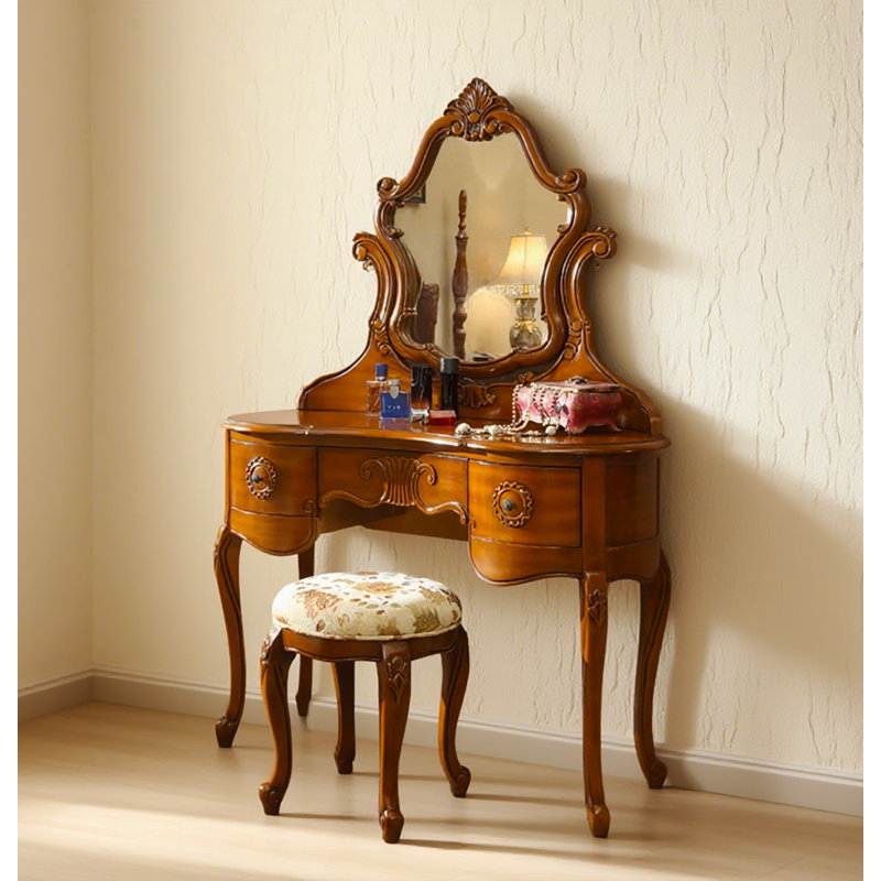 Coiffeuse en bois d'hévéa rétro de style américain avec structure sculptée à la main et tiroirs de grande capacité