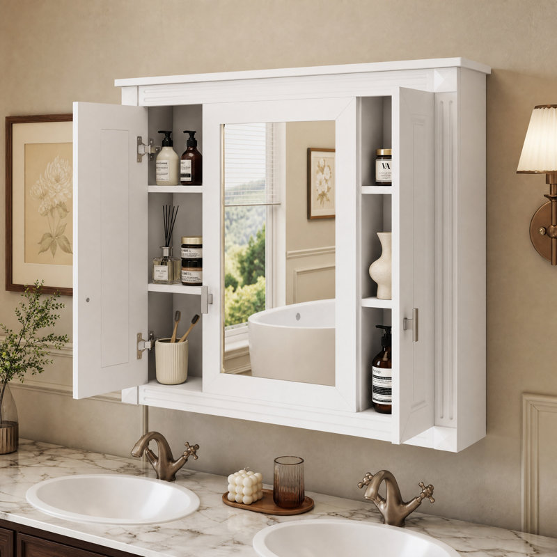 Armoire à pharmacie murale de 35 po avec miroir et étagères réglables, blanche, Blanc