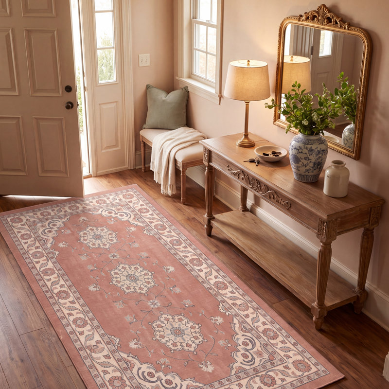 Tapis traditionnel persan à médaillon Lagoon, couleur orange, ivoire, or, vert et gris, lavable à la machine, antidérapant, à poils courts, idéal pour l'intérieur et l'extérieur, adapté aux animaux domestiques, pour salon, chambre, salle à manger, entrée, couloir, bureau.