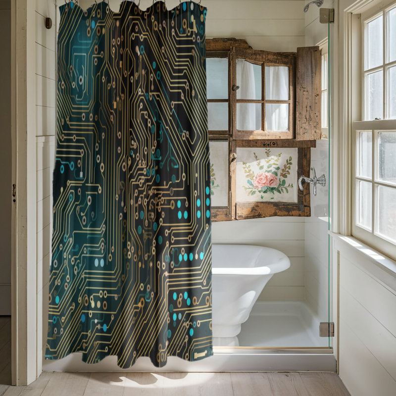 Circuitry - Rideau de douche Premium, H 74 po x l 71 po, Teal/Gold, Tech Art