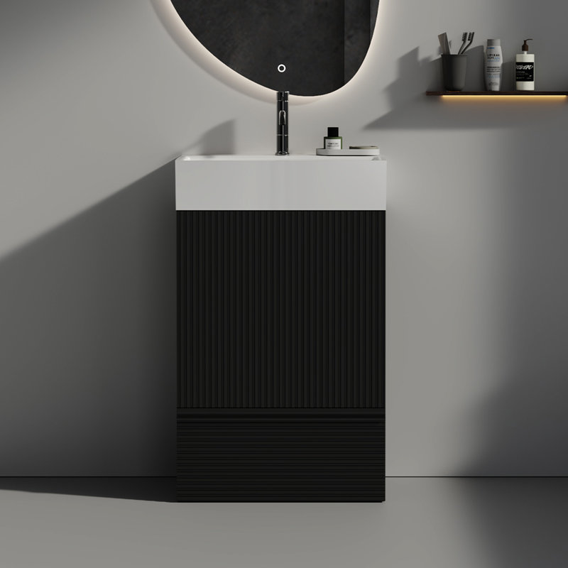Moderne, armoire de salle de bain autoportante noir mat 20 po, surface lisse, tiroir simple lisse, résistant à la rouille