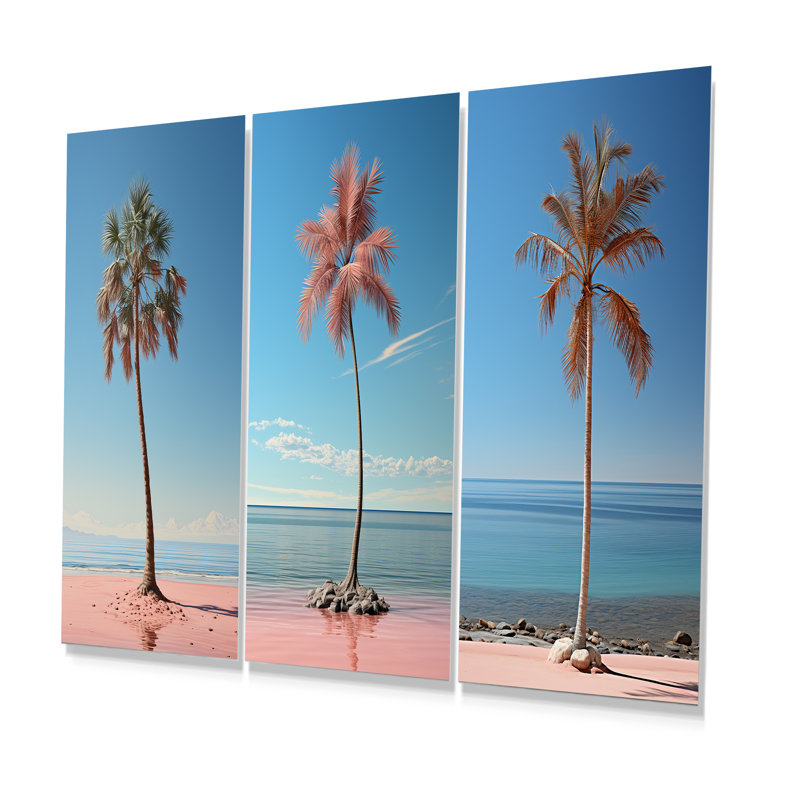 Brise de mer bleue et rose - Ensemble de 3 reproductions d'art en métal côtier, H 28 po x l 36 po