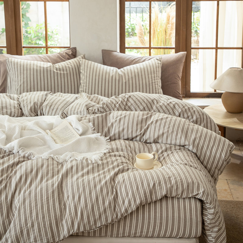 DONEUS Striped Duvet Cover Set 100% Washed Cotton Linen Like Soft Feelling Breathable Bedding, Linen Gray