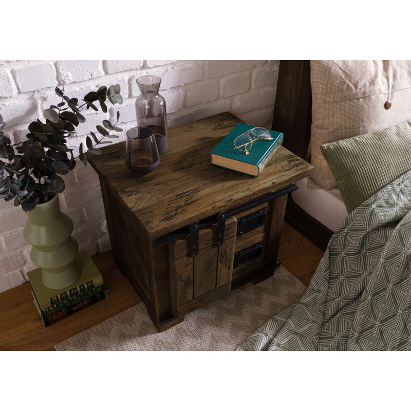 Railway 50cm W Solid Wood Bedside Table, Brown, white and pink