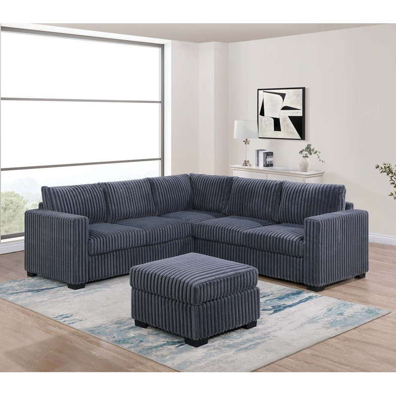 4-Piece Sectional Set W/ Ottoman, Gray Corduroy