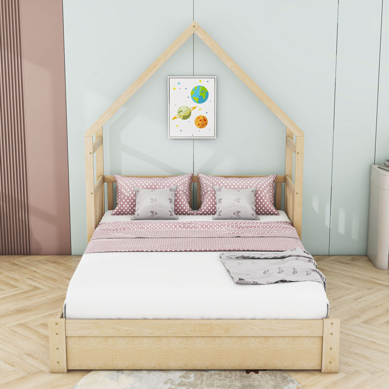 Grand lit plateforme avec garde-corps et tiroirs, Naturel